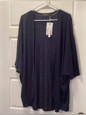 Slate Blue Open-Front Draped Kimono Cardigan Sweater